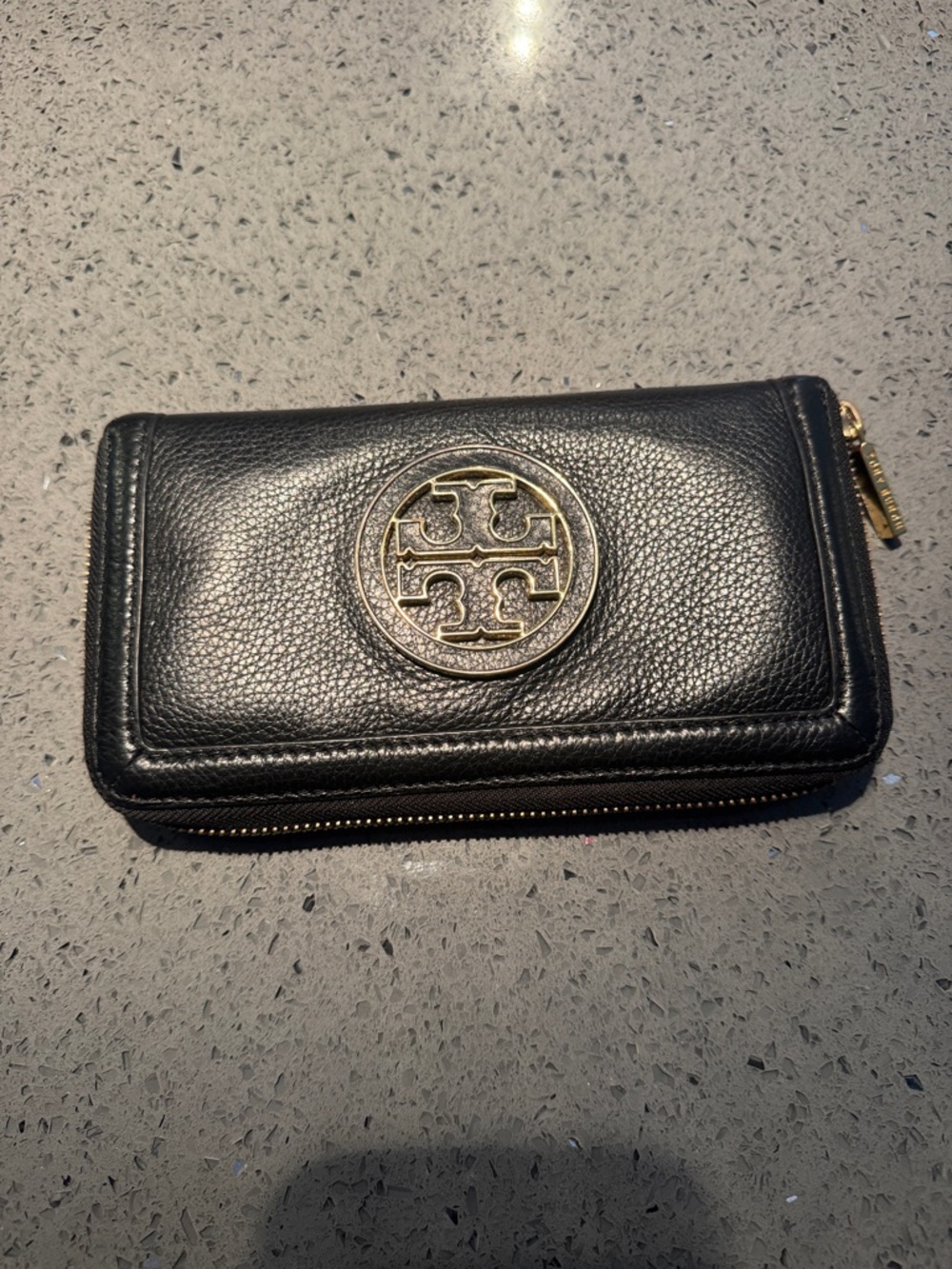 Tory Burch Black Pebbled Leather Zip Wallet with Gold Logo
